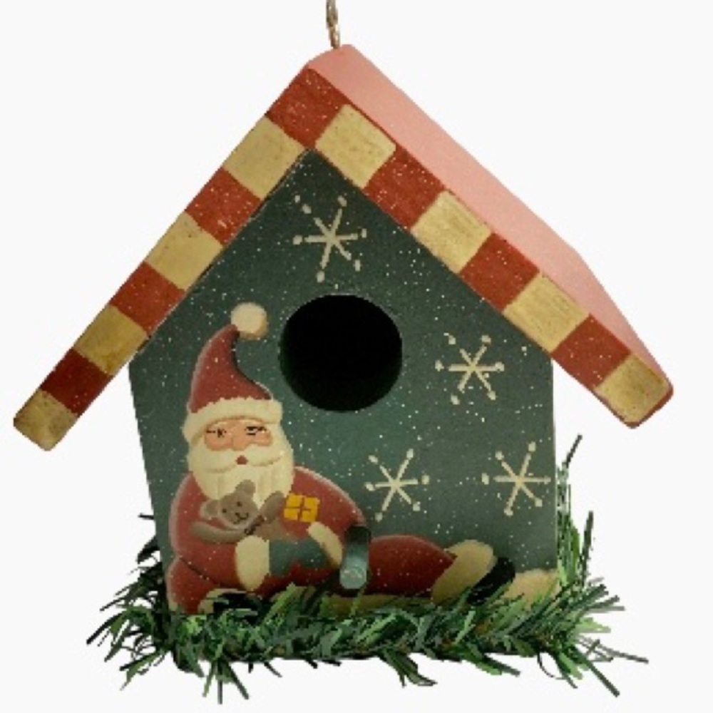 Vintage Birdhouse Santa Holding Teddy Bear & Gift  Holiday Decor 5.25" x 5" x 4…